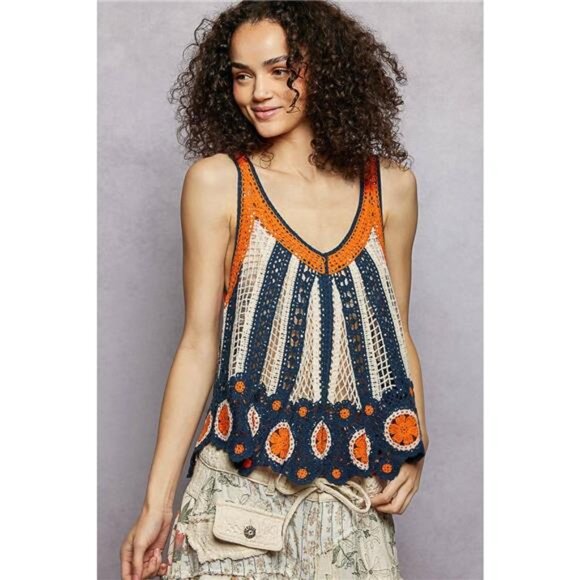POL Openwork Stripe Pattern Flowy Tank with Scalloped Edge - Picture 2 of 5